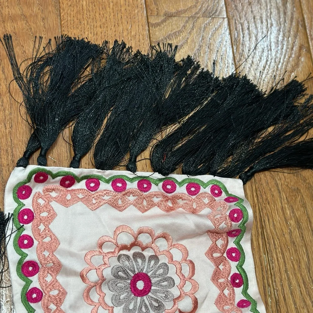 Temperley London Embroidered Floral Tassel Scarf Wrap Pink Black 75